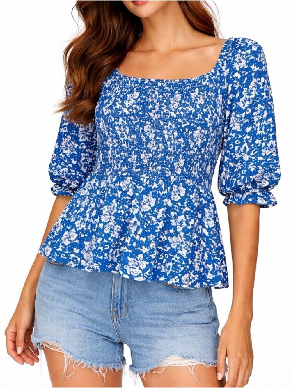 Melloday blue & white floral print over sized baby doll style flowy blouse SZ SM